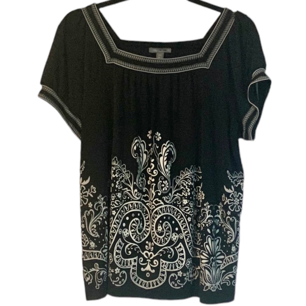 Apt. 9 Black & White Comfort Stretch Blouse, [Sz PXL] **FLAW NOTED**